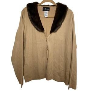 VTG Faux Fur Trim Cardigan Sweater Button up Brown 90's Glam Fur Collar Size Lrg